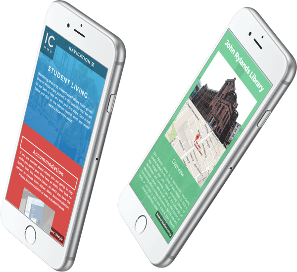 The MMU Info Comms website displayed on two iPhones