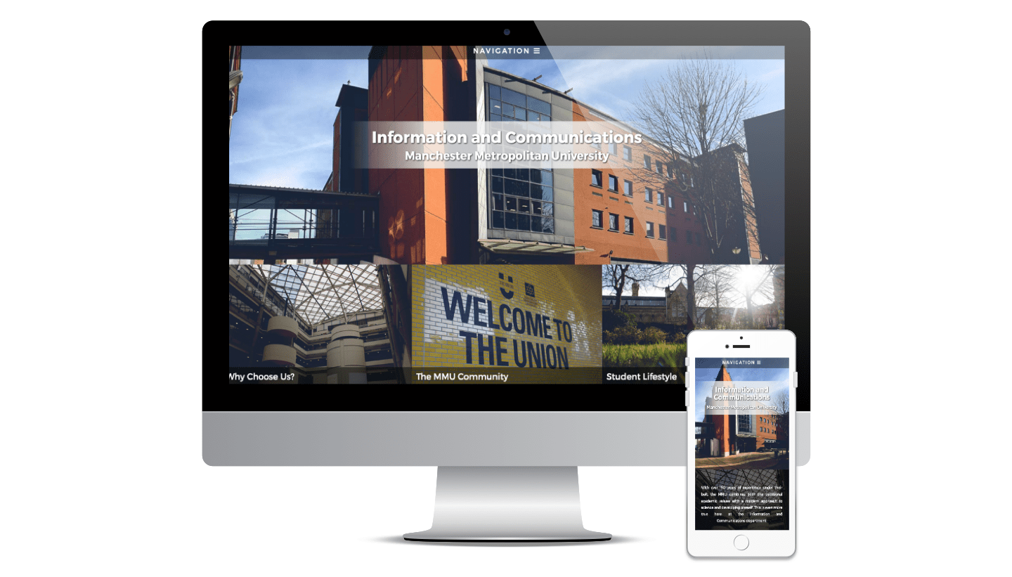The MMU Information and Communication website displayed on a iMac and a iPhone